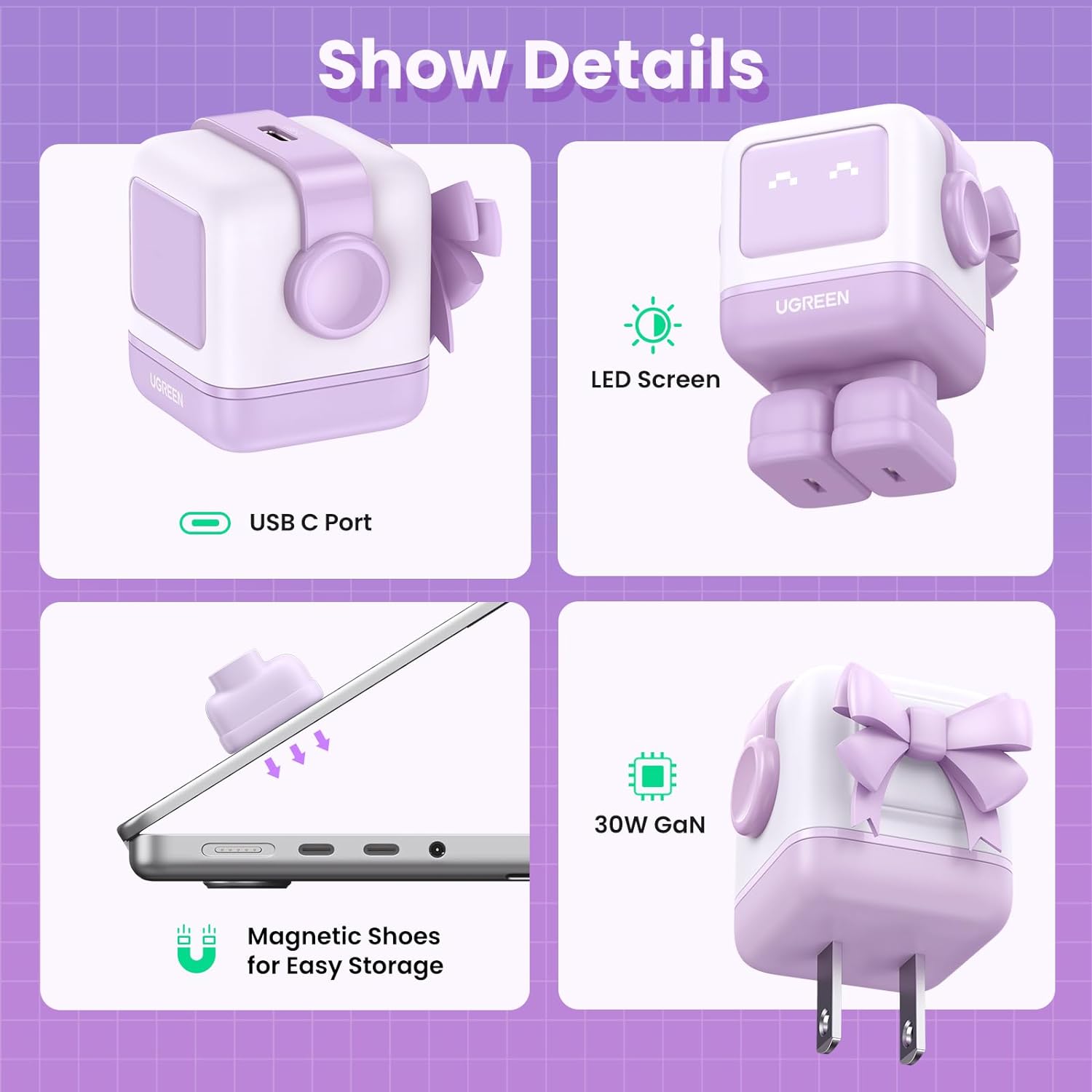 UGREEN RG 30W USB C Charger, Nexode Robot GaN Fast Charger Block, Compact Wall Charger Power Adapter for iPhone 15 Pro Max/14/13, Galaxy S23 Ultra, Pixel 7 Pro, MacBook Air, iPad Pro (Purple)