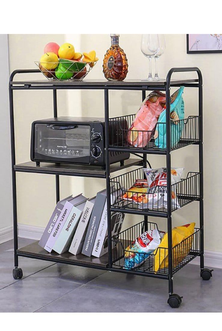 Multi-layer Storage Stand with 4 Slide-Out Mesh Baskets Wheel Trolley Household Multi-function Vintage Utility Shelf for Spices Pots Microwave