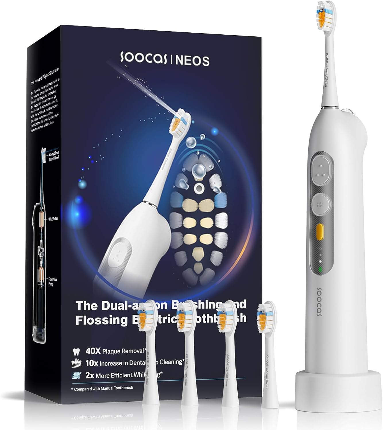 SOOCAS Neos | Electric Toothbrush with Water Flosser Cordless, 2-in-1 Brushing & Flossing Combo Electric Toothbrush for Adults, Built-in Water Tank, 40X Cleaning Effect 6 Settings