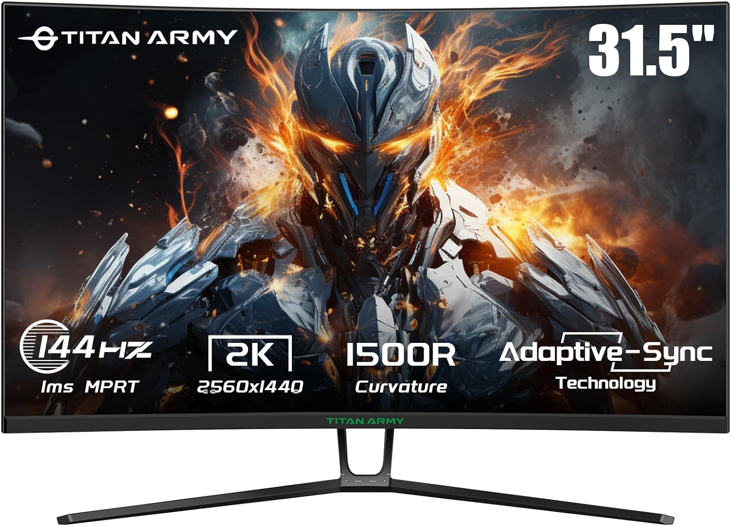 TITAN ARMY 32" Curved Gaming Monitor, 2K 1440P 144Hz Monitor, 1ms, Adaptive Sync & G-Sync, 1500R Frameless VA Panel, 95% DCI-P3, VESA 75 * 75, Low Blue Light, Tilt, HDMI 2.0, DP 1.4, N32SQ Plus