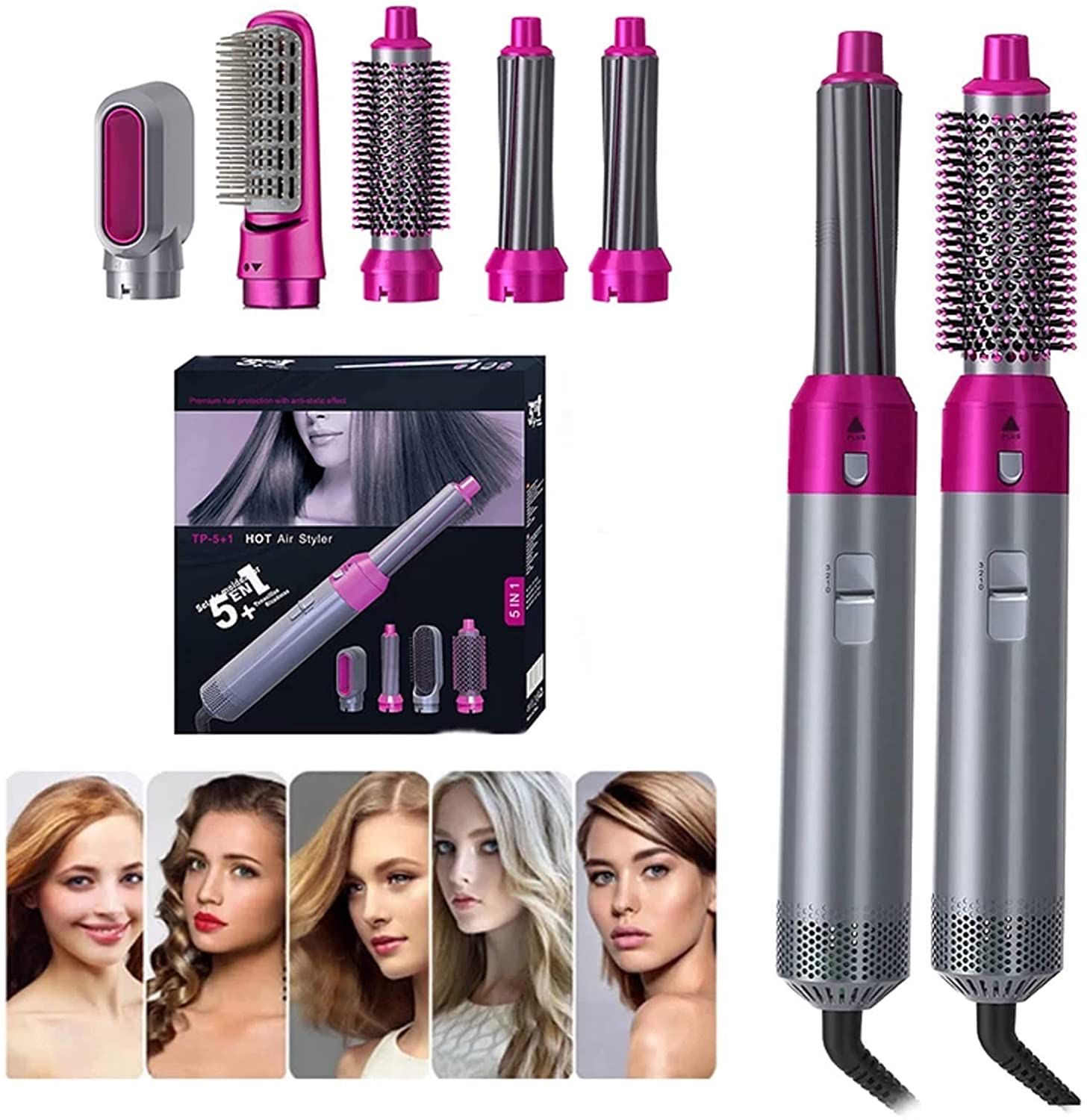 Hair Dryer Brush 5 In 1 Electric Blow Dryer Comb Hair Curling Wand Detachable Brush