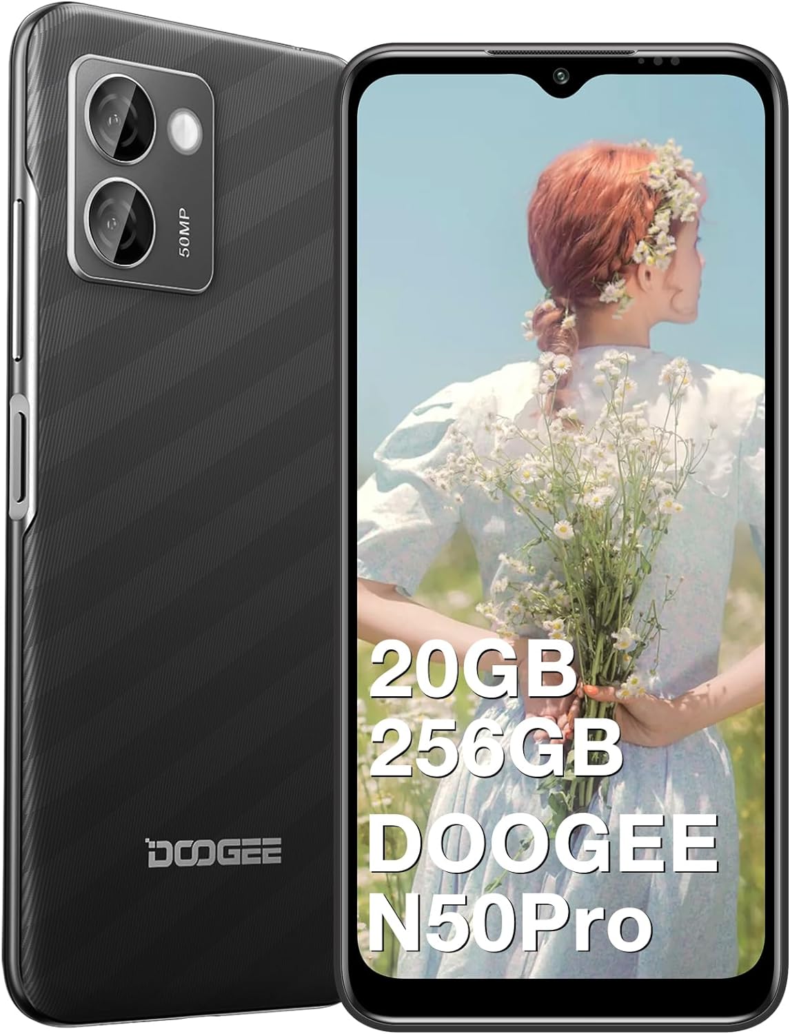 DOOGEE Android 13 Smartphone N50 Pro 6.52'' HD+, Octa Core 20GB + 256GB(Expand 1TB), 4200mAh Battery, 50MP Triple Camera, Dual SIM, Smart PA K9 Amplifier, Face Unlocked Cell Phone (Black)