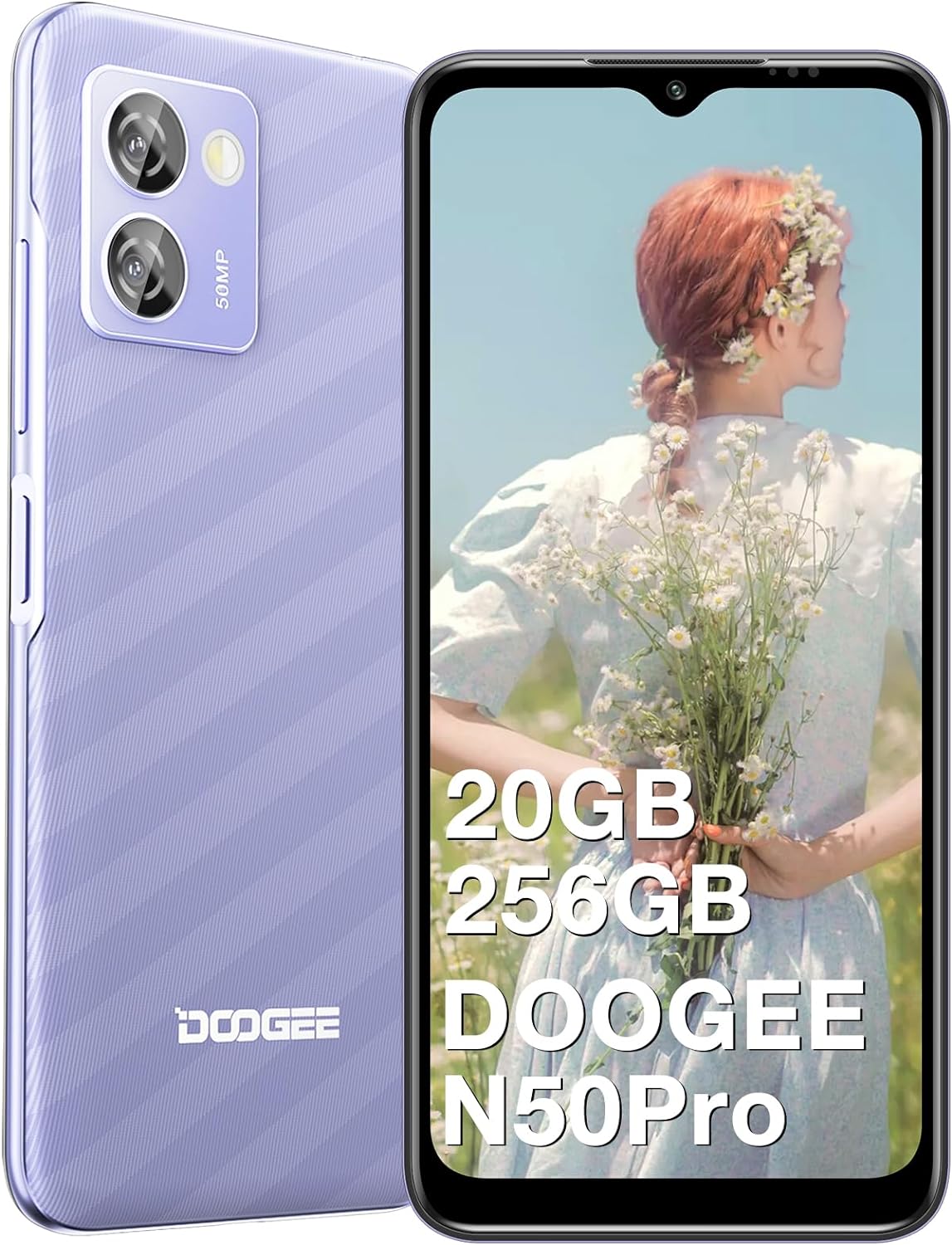 DOOGEE Android 13 Smartphone N50 Pro 6.52'' HD+, Octa Core 20GB + 256GB(Expand 1TB), 4200mAh Battery, 50MP Triple Camera, Dual SIM, Smart PA K9 Amplifier, Face Unlocked Cell Phone (Purple)