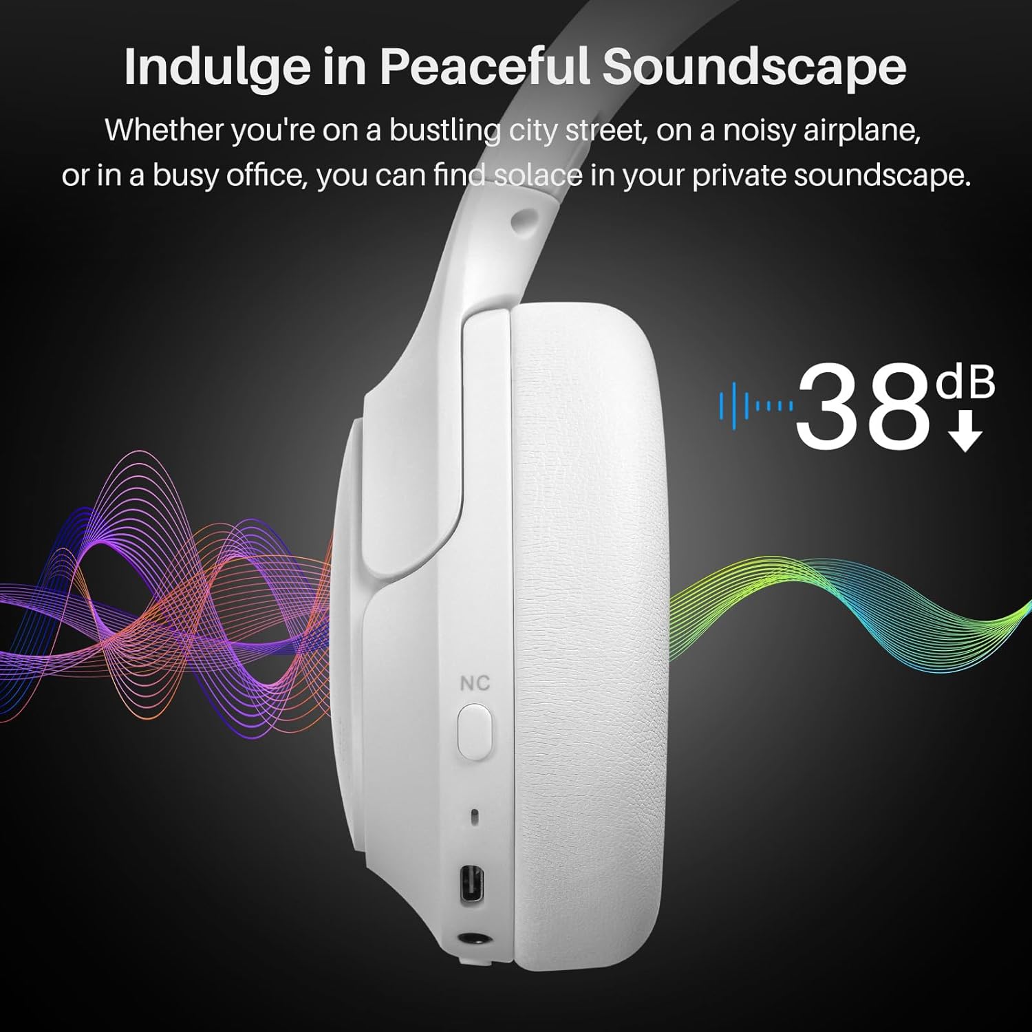 HT2 Hybrid Active Noise Cancelling Headphones, Wireless Over Ear Bluetooth Headphones, 60H Playtime, Hi-Res Audio Custom EQ via App Deep Bass Comfort Fit Ear Cups, for Home Office Travel White