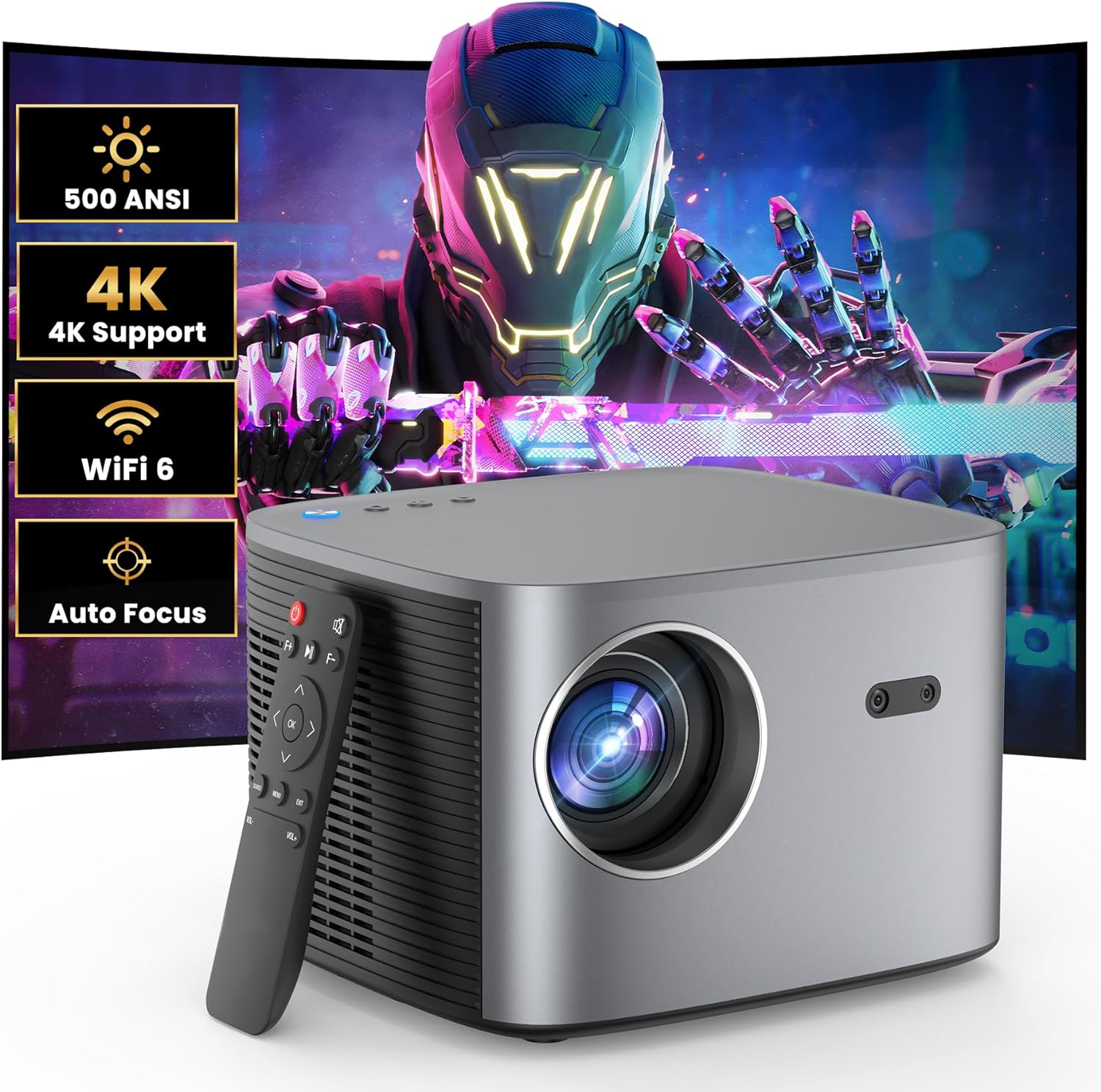 [Auto Focus/Keystone] Groview Projector with WiFi 6 and Bluetooth 5.2, Support 4K Projector 500 ANSI Native 1080P Outdoor Projector, 50-100% Zoom Home Theater Projector for iOS/Android/HDMI/TV Stick