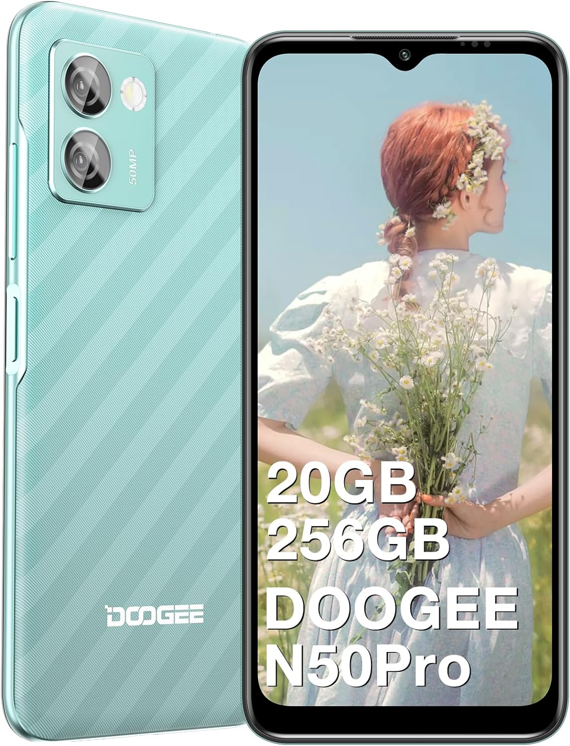 DOOGEE Android 13 Smartphone N50 Pro 6.52'' HD+, Octa Core 20GB + 256GB(Expand 1TB), 4200mAh Battery, 50MP Triple Camera, Dual SIM, Smart PA K9 Amplifier, Face Unlocked Cell Phone (Green)