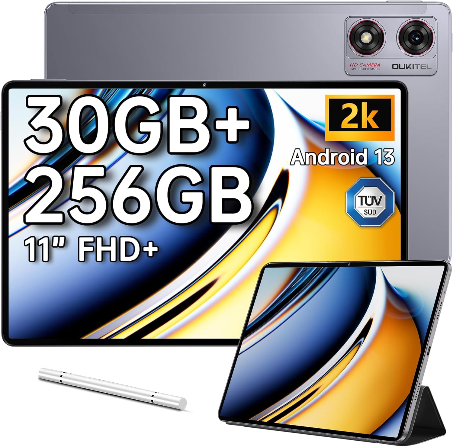 OUKITEL OT8 Tablet Android 13-11" Tablets, 30GB(6GB+24GB virtual) RAM+ 256GB ROM, 8800mAh Battery, 1200x1920 FHD+Screen, Widevine L1, 13MP+8MP Camera, 4G Dual Sim/5G WIFI/OTG, Gaming Tablet With Pen - Gray
