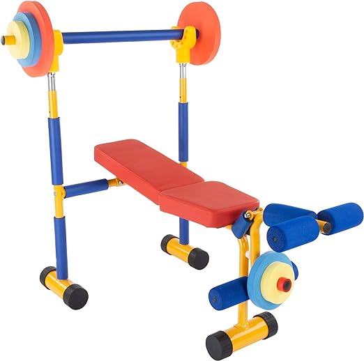 Toy Bench and Leg Press-Children's Play Workout Equipment for Beginner Exercise, Weightlifting and Powerlifting