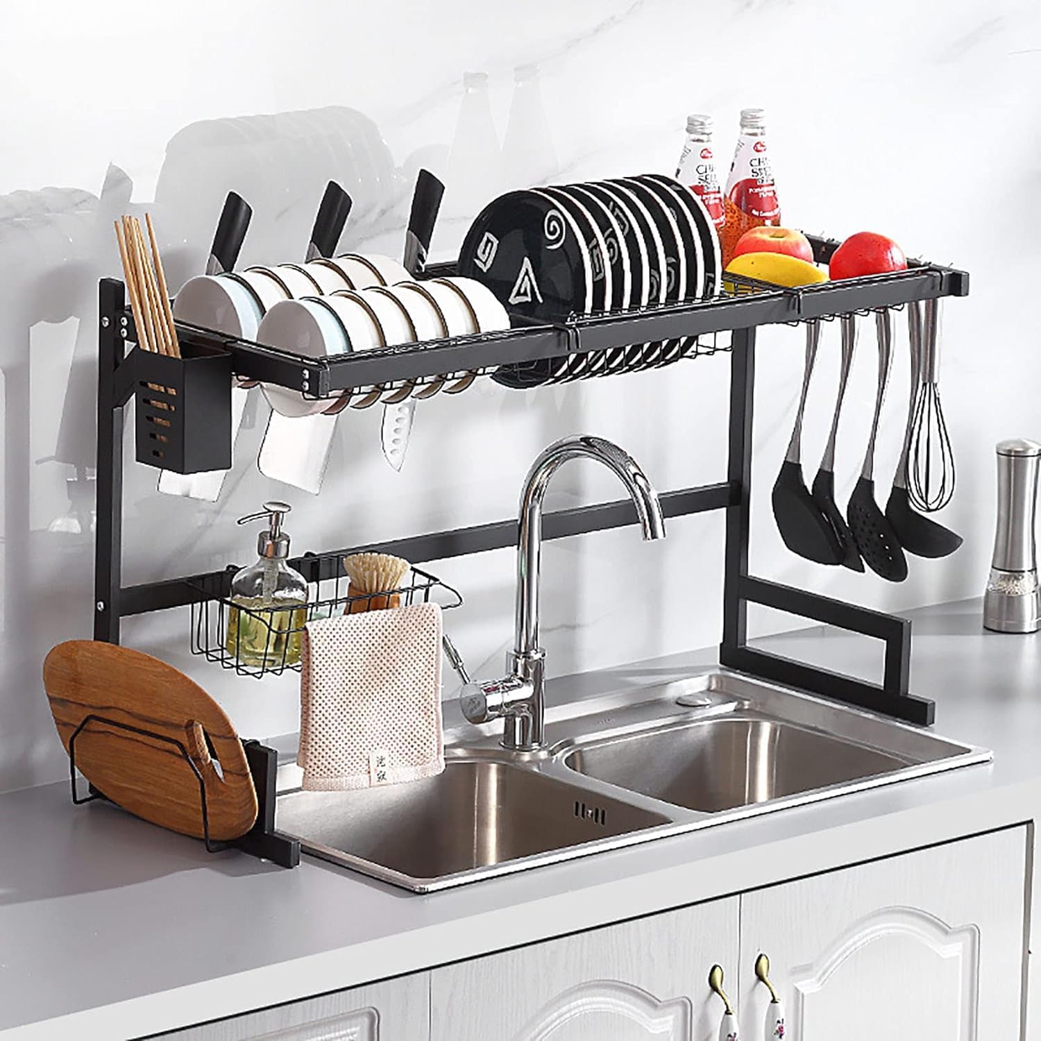 Over the Sink Dish Drying Rack Dish rack, Kitchen Sink Organizer, Draining rack Metal With cutlery holder Detachable Rustproof Suitable For Use Such As Cutting Boards Knives Utensils And Sponges