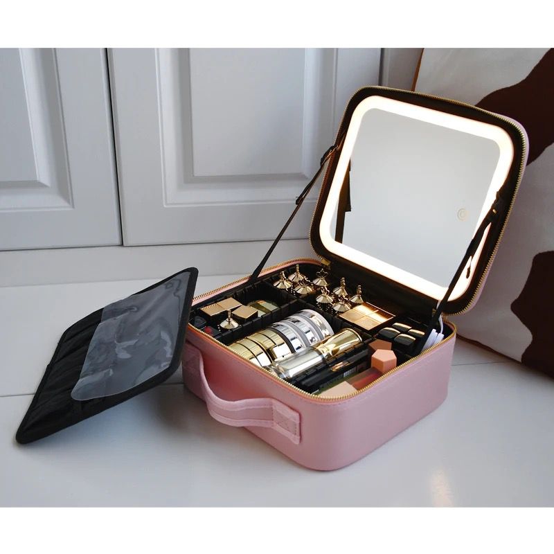 Makeup Travel Bag With LED Lighted Mirror Portable Waterproof Makeup Case With Adjustable Dividers