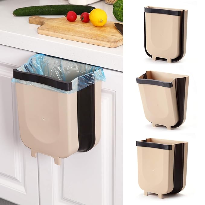 Hanging Collapsible Trash Can Quickly Clean Counter, Sink, Bathroom - RV, Car, Camping Folding Garbage Basket (Brown)