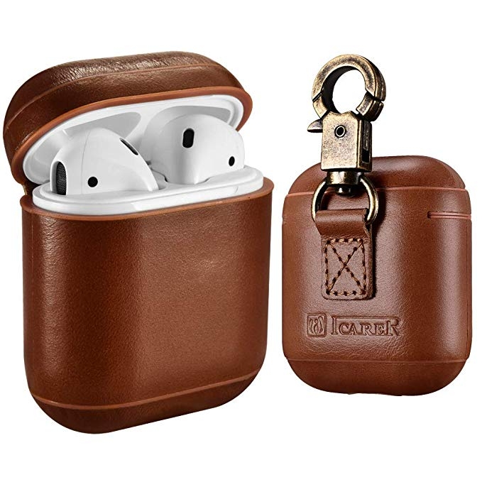 ICARER Cowhide Leather Anti-lost Dropproof Wireless Earphones Charging Box Protective Case for Apple AirPods 1/2, with Clasp