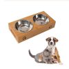 Cat Dog Pet Stainless Steel Feeding and Drinking Bowls Combination With Bamboo Frame