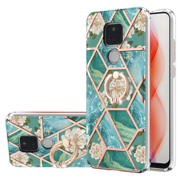 Electroplating Splicing Marble Flower Pattern TPU Shockproof Case with Rhinestone Ring Holder