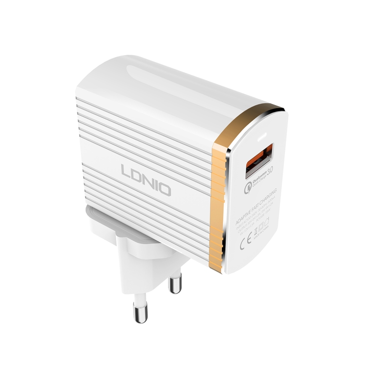 LDNIO A1302Q 2 in 1 18W QC3.0 USB Interface Grid Shape Travel Charger Mobile Phone Charger with 8 Pin Data Cable,