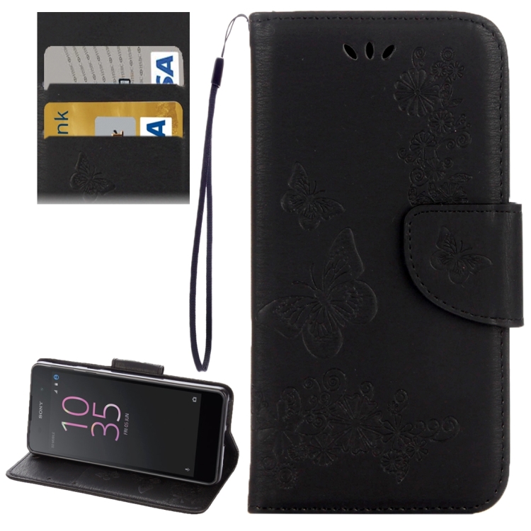 For Sony Xperia E5 Butterflies Embossing Horizontal Flip Leather Case with Holder & Card Slots & Wallet & Lanyard