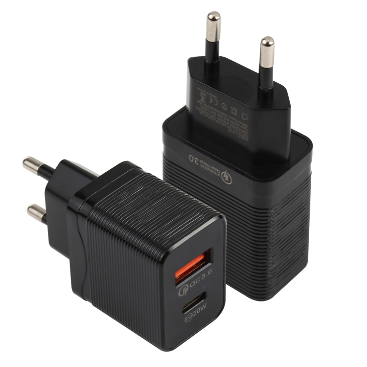 LZ-728 QC 3.0 USB + PD 20W USB-C / Type-C Fast Travel Charger, EU Plug