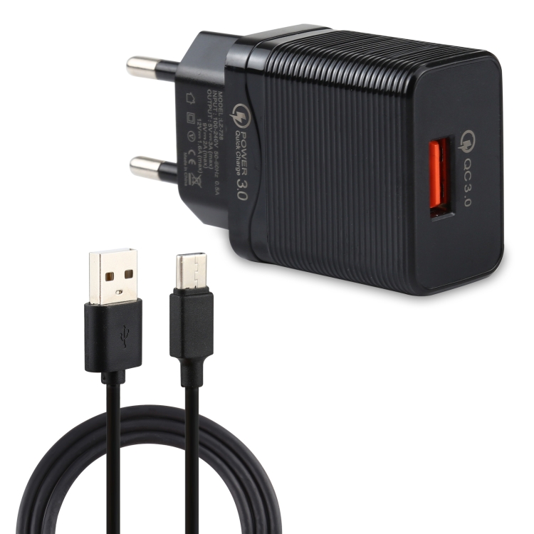 LZ-728 2 in 1 18W QC 3.0 USB Interface Travel Charger + USB to USB-C / Type-C Data Cable Set, EU Plug, Cable Length: 1m