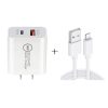 18W PD 3.0 Type-C / USB-C + QC 3.0 USB Dual Fast Charging Universal Travel Charger with USB to 8 Pin Fast Charging Data Cable,