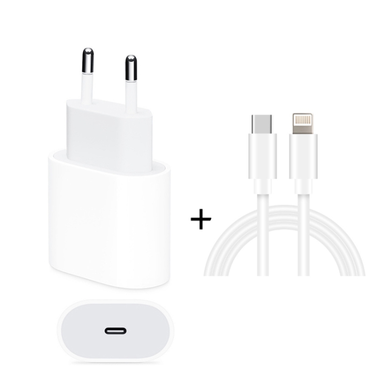 2 in 1 PD 20W Single USB-C / Type-C Port Travel Charger + 3A PD3.0 USB-C / Type-C to 8 Pin Fast Charge Data Cable Set, Cable Length: 1m, EU Plug