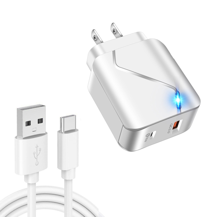 LZ-819A+C 18W QC3.0 USB + PD USB-C / Type-C Interface Travel Charger with Indicator Light + USB to USB-C / Type-C Fast Charging Data Cable Set, US Plug