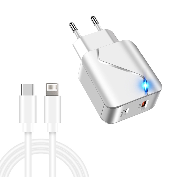 LZ-819A+C 18W QC3.0 USB + PD USB-C / Type-C Interface Travel Charger with Indicator Light + USB-C / Type-C to 8 Pin Fast Charging Data Cable Set, EU Plug