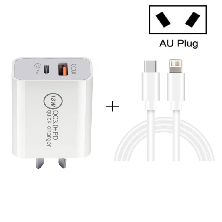 SDC-18W 18W PD + QC 3.0 USB Dual Port Fast Charging Universal Travel Charger with Type-C / USB-C to 8 Pin Fast Charging Data Cable, AU Plug