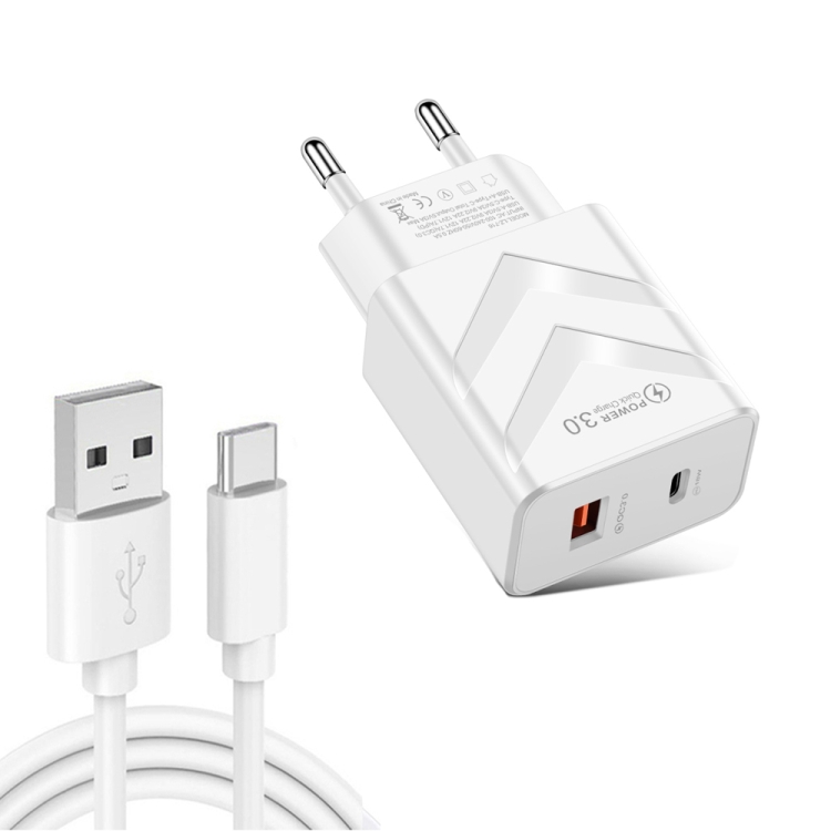 LZ-715 20W PD + QC 3.0 Dual-port Fast Charge Travel Charger with USB to Type-C Data Cable, EU Plug