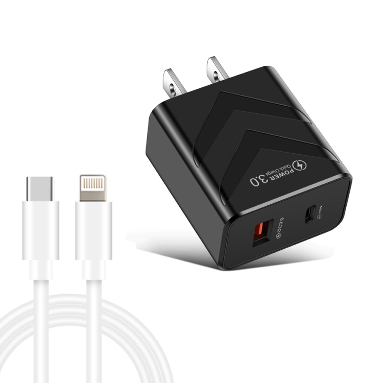 LZ-715 20W PD + QC 3.0 Dual Ports Fast Charging Travel Charger with USB-C / Type-C to 8 Pin Data Cable，US Plug
