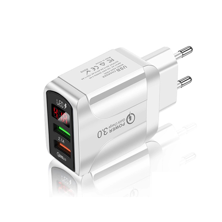 F002C QC3.0 USB + USB 2.0 Fast Charger with LED Digital Display for Mobile Phones and Tablets, EU Plug