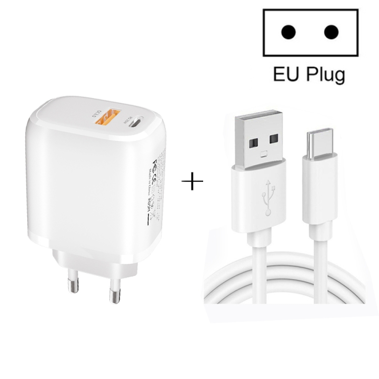 CS-20W Mini Portable PD3.0 + QC3.0 Dual Ports Fast Charger with 3A USB to Type-C Data Cable