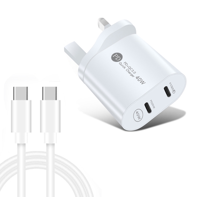 002 40W PD3.0 Dual Port USB-C / Type-C Charger with Type-C to Type-C Data Cable, UK Plug