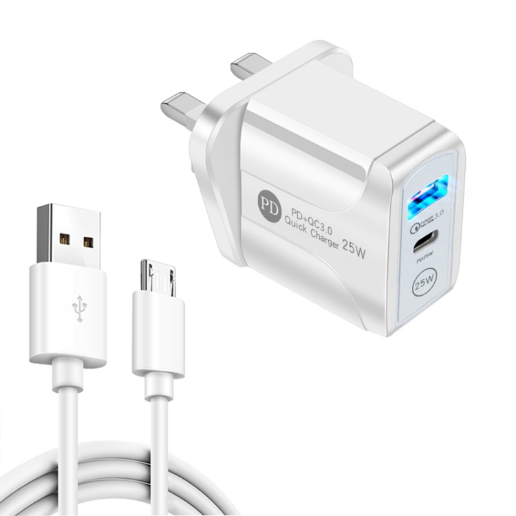PD25W USB-C / Type-C + QC3.0 USB Dual Ports Fast Charger with USB to Micro USB Data Cable, UK Plug