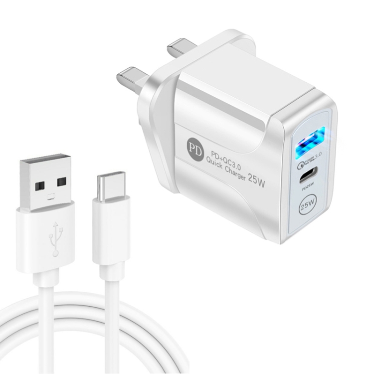PD25W USB-C / Type-C + QC3.0 USB Dual Ports Fast Charger with USB to Type-C Data Cable, UK Plug