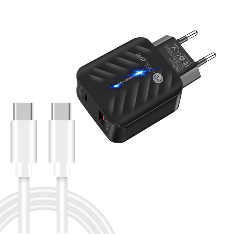 PD03 20W PD3.0 + QC3.0 USB Charger with Type-C to Type-C Data Cable, EU Plug