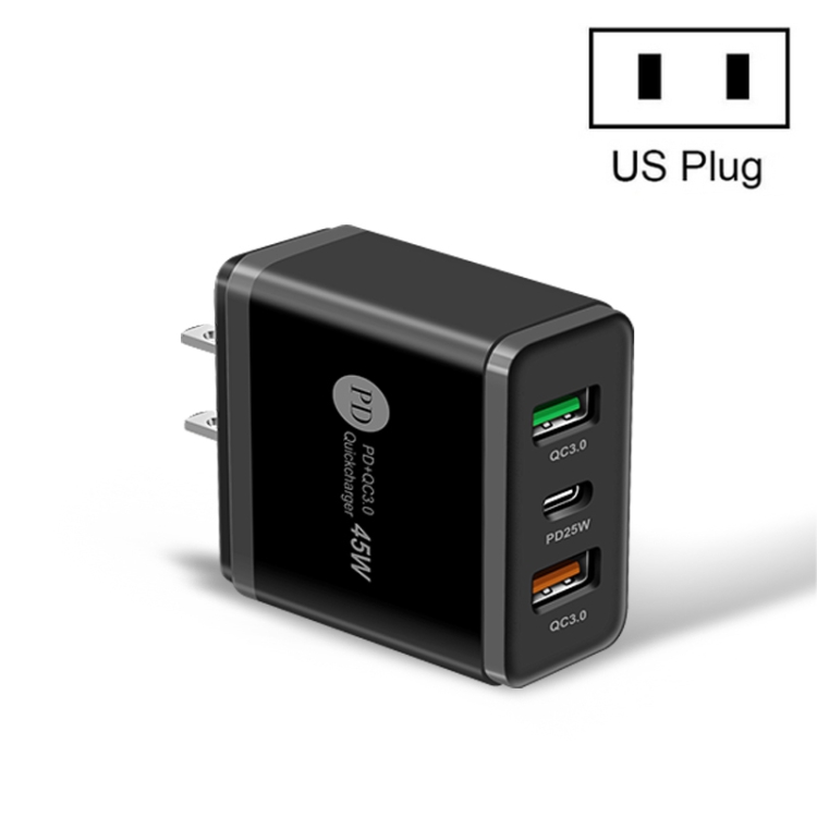 45W PD3.0 + 2 x QC3.0 USB Multi Port Quick Charger, US Plug