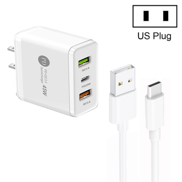 45W PD25W + 2 x QC3.0 USB Multi Port Charger with USB to Type-C Cable, US Plug