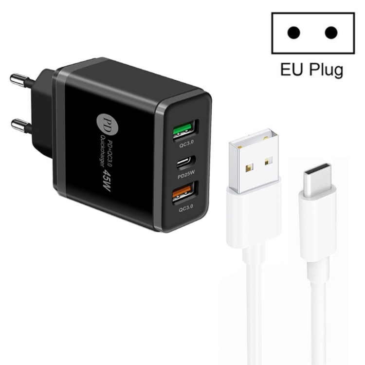 45W PD25W + 2 x QC3.0 USB Multi Port Charger with USB to Type-C Cable, EU Plug