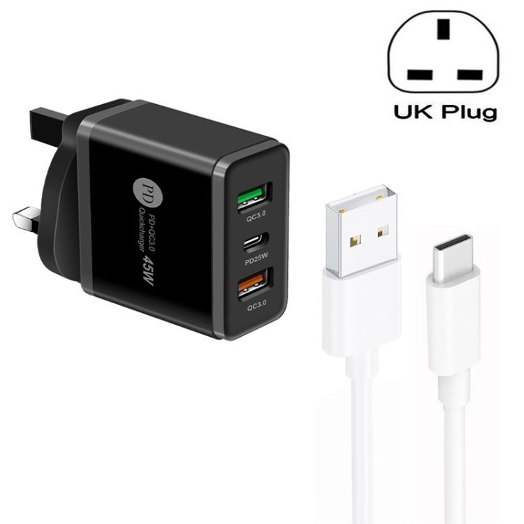 45W PD25W + 2 x QC3.0 USB Multi Port Charger with USB to Type-C Cable, UK Plug
