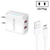 36W Dual Port QC3.0 USB Charger with 3A USB to Type-C Data Cable, US Plug