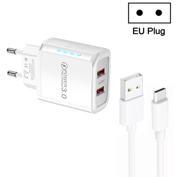 36W Dual Port QC3.0 USB Charger with 3A USB to Type-C Data Cable , EU Plug