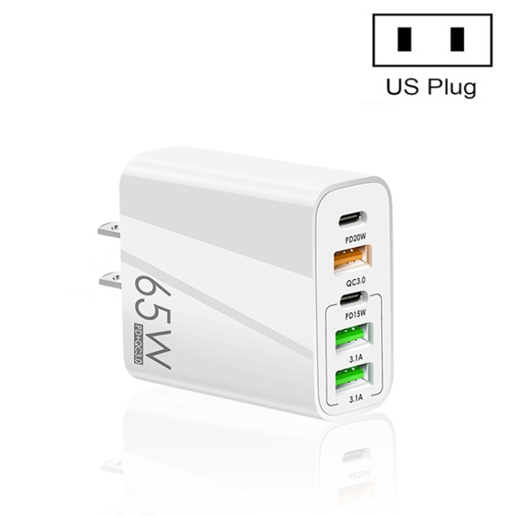 65W Dual PD Type-C + 3 x USB Multi Port Charger for Phone and Tablet PC, US Plug