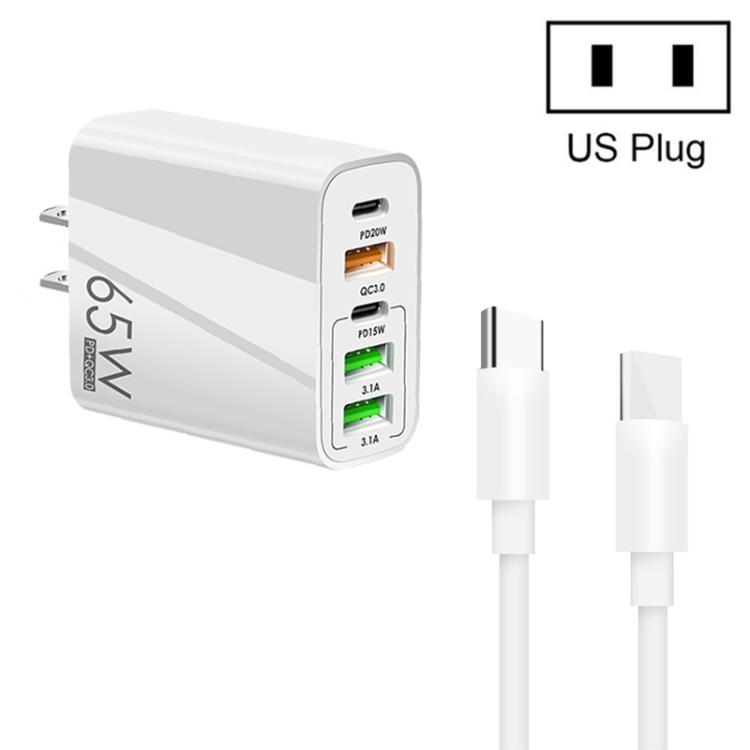65W Dual PD Type-C + 3 x USB Multi Port Charger with 3A Type-C to Type-C Data Cable, US Plug