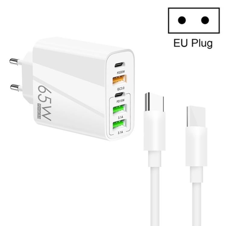 65W Dual PD Type-C + 3 x USB Multi Port Charger with 3A Type-C to Type-C Data Cable, US Plug