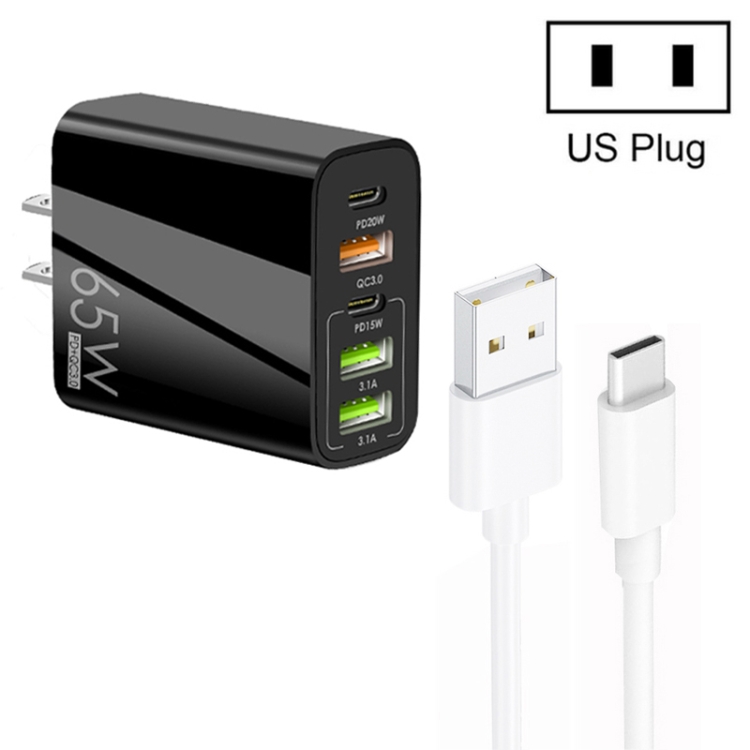 65W Dual PD Type-C + 3 x USB Multi Port Charger with 3A USB to Type-C Data Cable, US Plug