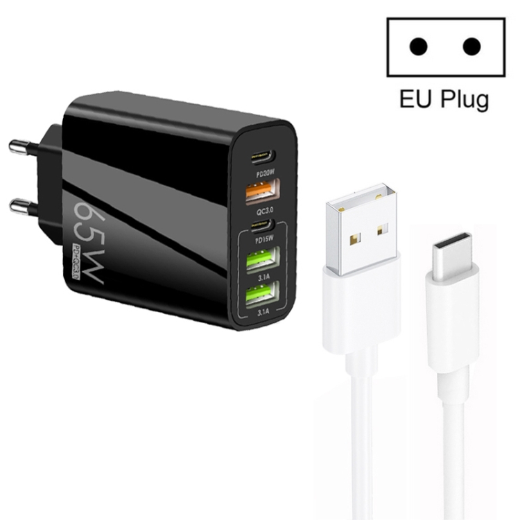 65W Dual PD Type-C + 3 x USB Multi Port Charger with 3A USB to Type-C Data Cable, EU Plug