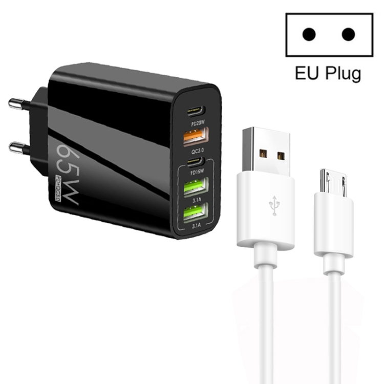 65W Dual PD Type-C + 3 x USB Multi Port Charger with 3A USB to Micro USB Data Cable, EU Plug