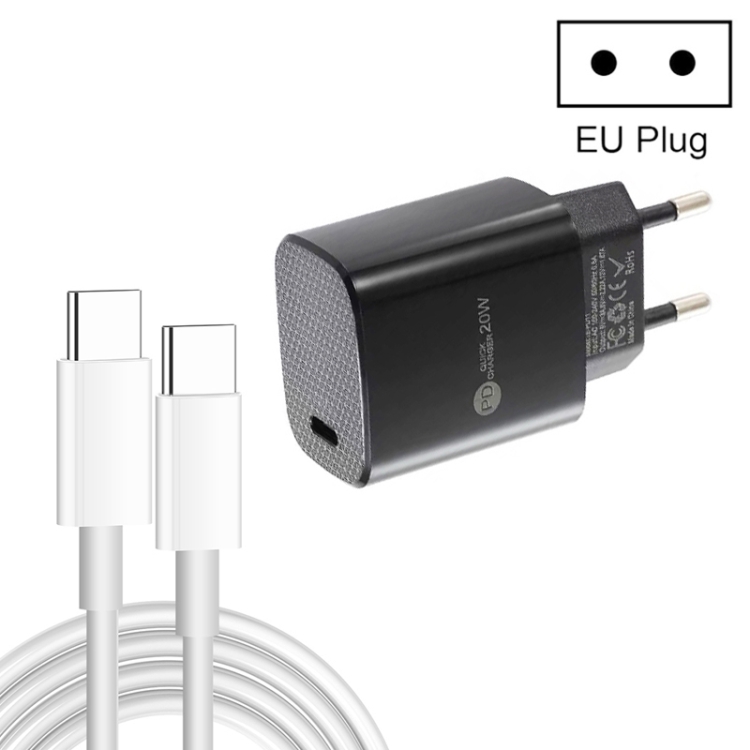 PD11 Single PD3.0 USB-C / Type-C 20W Fast Charger with 1m Type-C to Type-C Data Cable, EU Plug