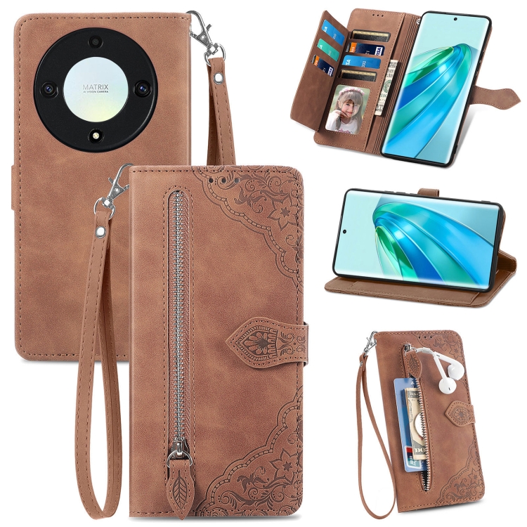 Embossed Flower Zipper Leather Phone Case