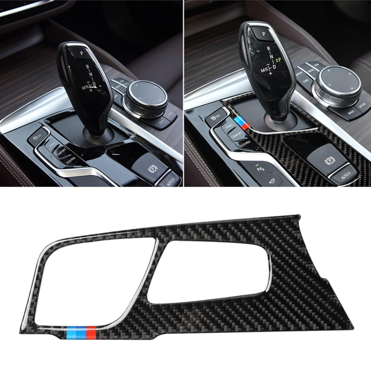 Car Tricolor Carbon Fiber Gear Position Panel Decorative Sticker for BMW 5 Series G38 528Li / 530Li / 540Li 2018, Left Drive